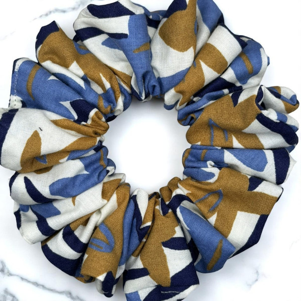 Tuhil Threads Medium Blue & Ochre Abstract Print Polycotton Scrunchie. Shop Tuhil Threads hair accessories.