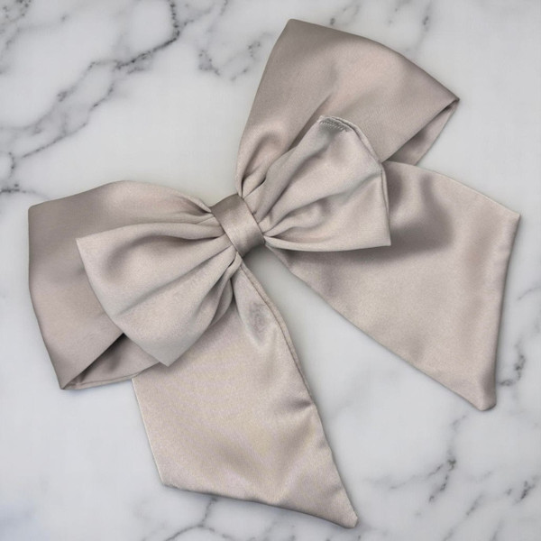 Tuhil Threads Mink Double Layer Royal Micro Satin Sailor Bow (or bow clip/bow hair tie, depending on focus). Luxurious satin hair bow for an elegant, sophisticated accent. Shop Tuhil Threads hair accessories.