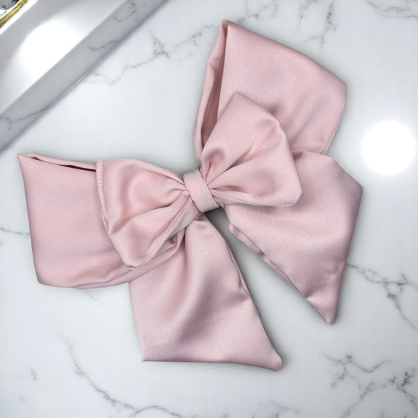 Tuhil Threads Soft Pink Double Layer Royal Micro Satin Sailor Bow (or bow clip/bow hair tie, depending on focus). Luxurious satin hair bow for an elegant, sophisticated accent. Shop Tuhil Threads hair accessories.