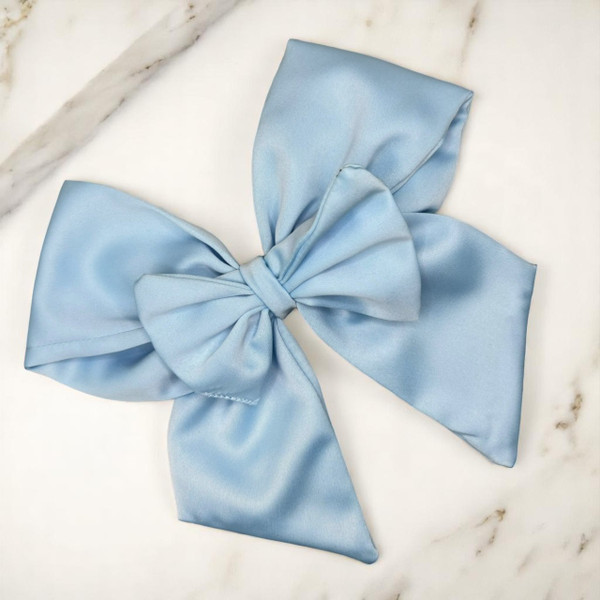 Tuhil Threads Sky Blue Double Layer Royal Micro Satin Sailor Bow (or bow clip/bow hair tie, depending on focus). Luxurious satin hair bow for an elegant, sophisticated accent. Shop Tuhil Threads hair accessories.