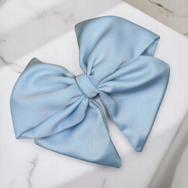 Tuhil Threads Sky Blue Single Layer Royal Micro Satin Sailor Bow (or bow clip/bow hair tie, depending on focus). Luxurious satin hair bow for an elegant, sophisticated accent. Shop Tuhil Threads hair accessories.