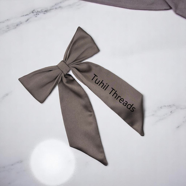 Personalised Taupe Royal Micro Satin Long Tail Bow. Shop at Tuhil Threads