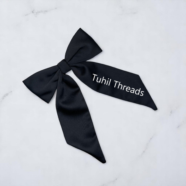 Personalised Black Royal Micro Satin Long Tail Bow. Shop at Tuhil Threads
