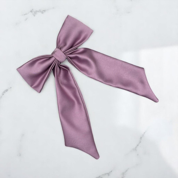 Tuhil Threads Lilac Royal Micro Satin Long Tail Bow. Luxurious satin hair bow for an elegant, chic accent. Shop Tuhil Threads hair accessories.