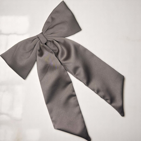 Tuhil Threads Taupe Royal Micro Satin Statement Long Tail Bow. Luxurious satin hair bow for an elegant, stylish accent. Shop Tuhil Threads hair accessories.