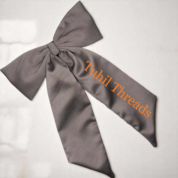 Personalised Taupe Royal Micro Satin Statement Long Tail Bow. Shop at Tuhil Threads
