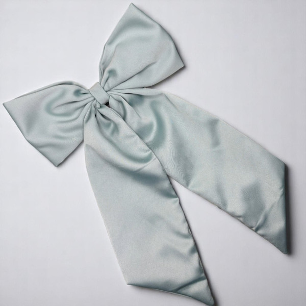 Tuhil Threads Mint Green Royal Micro Satin Statement Long Tail Bow. Luxurious satin hair bow for an elegant, stylish accent. Shop Tuhil Threads hair accessories.