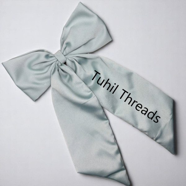 Personalised Mint Green Royal Micro Satin Statement Long Tail Bow. Shop at Tuhil Threads