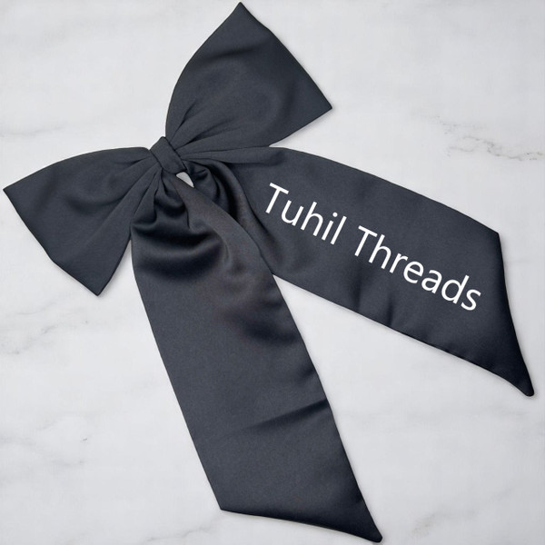 Personalised Black Royal Micro Satin Statement Long Tail Bow. Shop at Tuhil Threads
