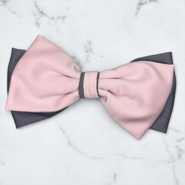 Tuhil Threads Large Royal Micro Satin Classic Bow in a two-tone design with a cool grey bottom layer and a soft pink top layer, neatly tied, measuring 17x10cm. Shop Tuhil Threads hair accessories.