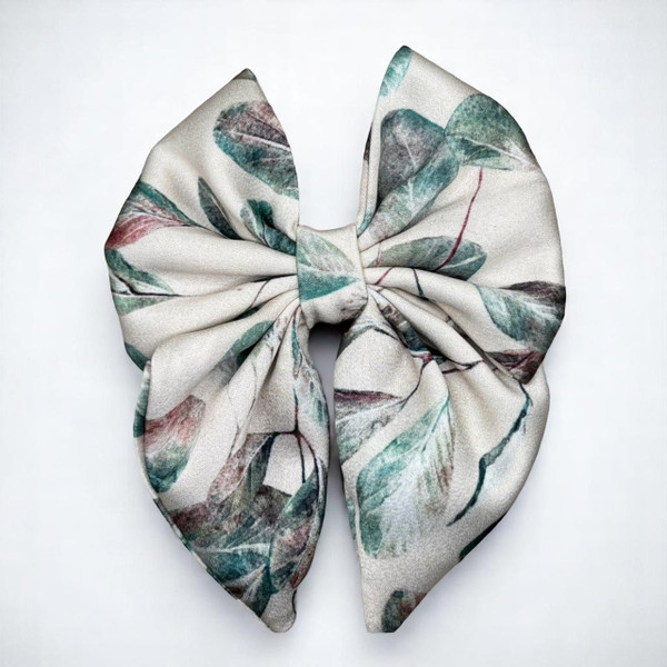 A beautiful Earthy Botanical Print Medium Silky Satin Pigtail Bow by Tuhil Threads, measuring 10cm x 12cm. Shop Tuhil Threads hair accessories.