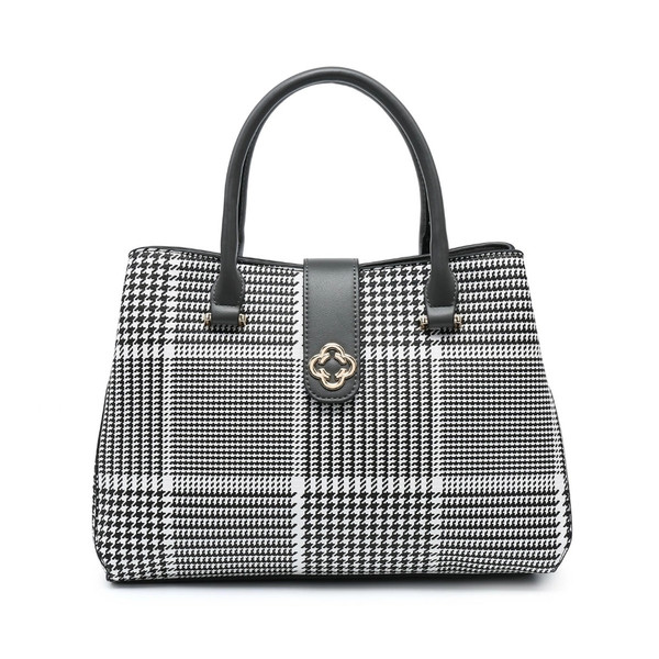 Handbag with Zip Top Section and Flap Over Buckle, featuring a stylish black and white houndstooth pattern, available at Tuhil Threads. Handbag with Zip Top Section and Flap Over Buckle, featuring a stylish black and white houndstooth pattern, available at Tuhil Threads.