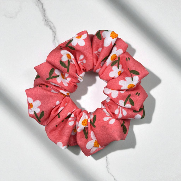 Coral Bloom Pink PolyCotton Scrunchie. Shop Tuhil Threads hair accessories.