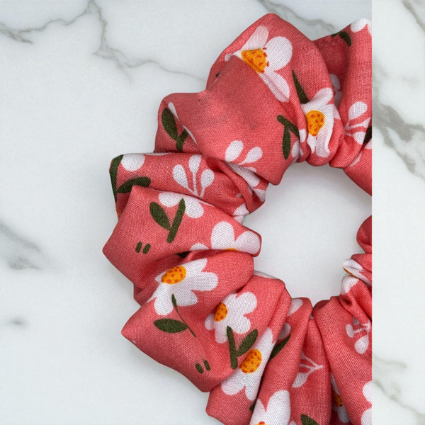 Coral Bloom Pink PolyCotton Scrunchie. Shop Tuhil Threads hair accessories.
