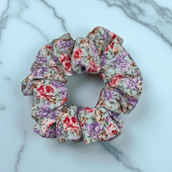 Cottage Garden Purple PolyCotton Scrunchie. Shop at Tuhil Threads.