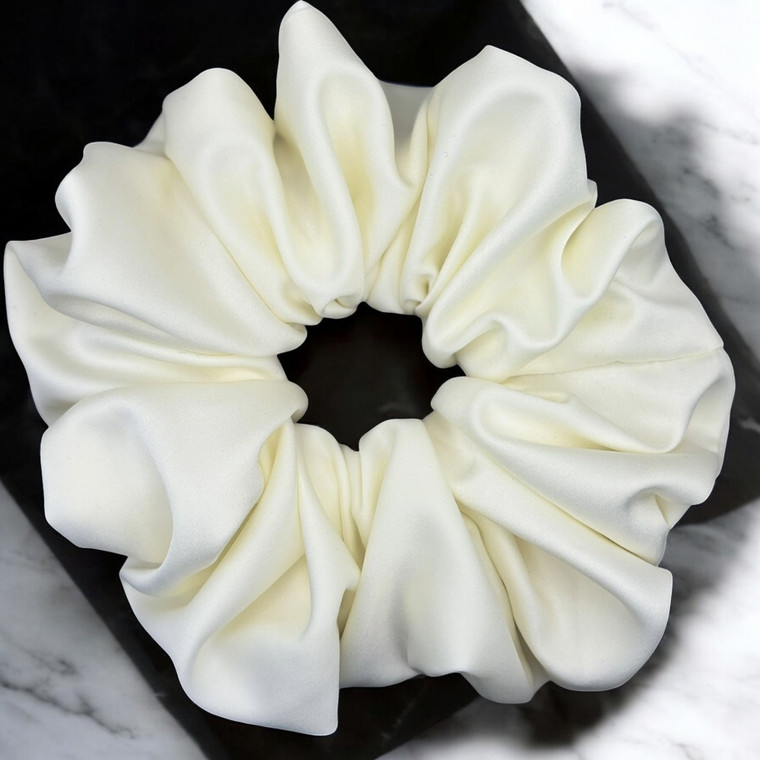 Extra Large Cream Royal Micro Satin Scrunchie. Shop at Tuhil Threads hair accessories.