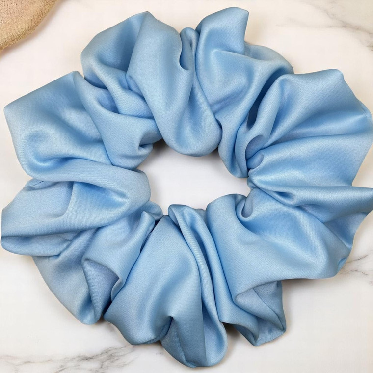 Large Sky Blue Royal Micro Satin Scrunchie. Shop Tuhil Threads hair accessories.