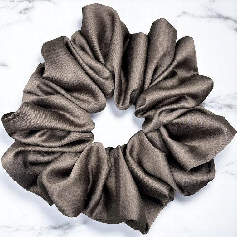 Tuhil Threads Large Taupe Royal Micro Satin Scrunchie. Luxurious large satin hair tie for a gentle, stylish hold. Shop Tuhil Threads hair accessories.