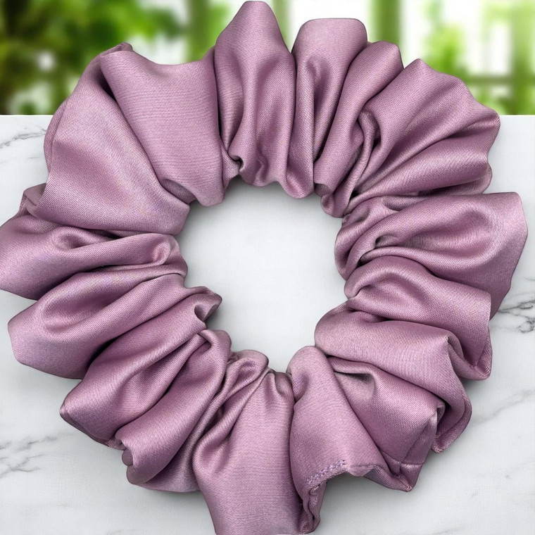 Tuhil Threads Medium Lilac Royal Micro Satin Scrunchie. Luxurious medium satin hair tie for a gentle, stylish hold. Shop Tuhil Threads hair accessories.
