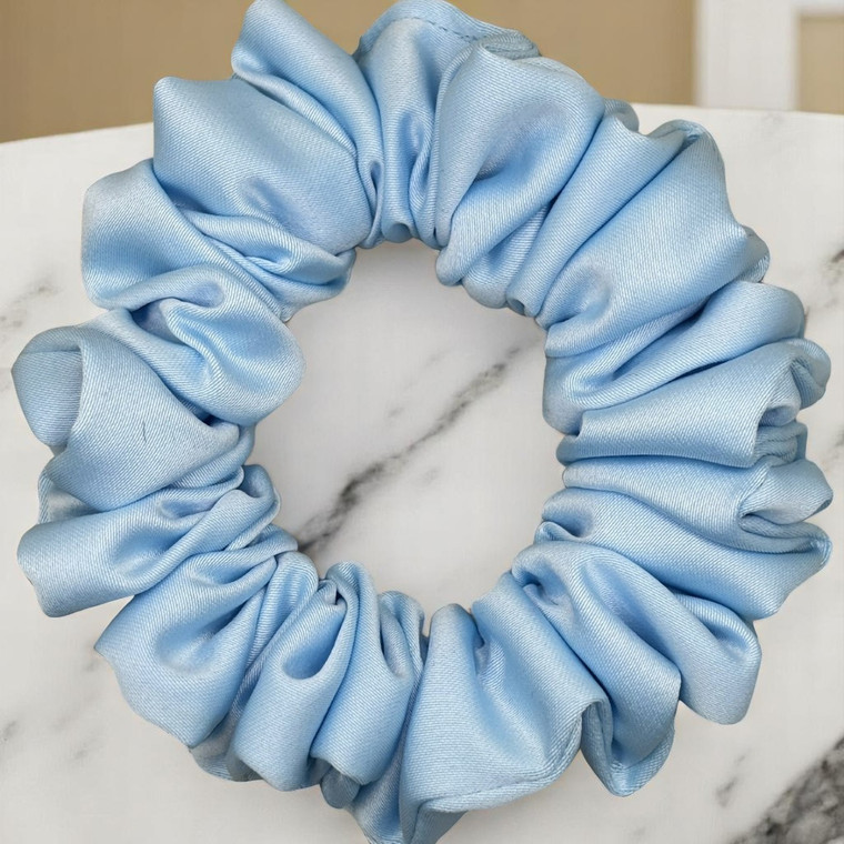 Tuhil Threads Small Sky Blue Royal Micro Satin Scrunchie. Luxurious small satin hair tie for a gentle, stylish hold. Shop Tuhil Threads hair accessories