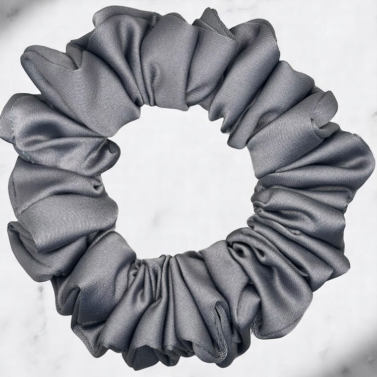 Tuhil Threads Small Grey Royal Micro Satin Scrunchie. Luxurious small satin hair tie for a gentle, stylish hold. Shop Tuhil Threads hair accessories