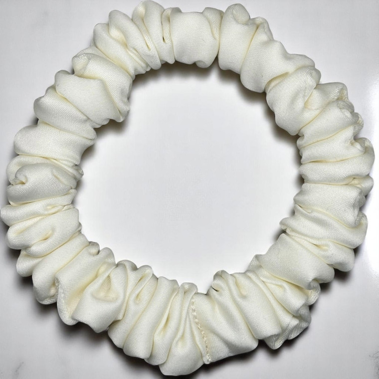 Tuhil Threads X-Small Cream Royal Micro Satin Scrunchie. Luxurious extra small satin hair tie for a gentle, stylish hold. Shop Tuhil Threads hair accessories