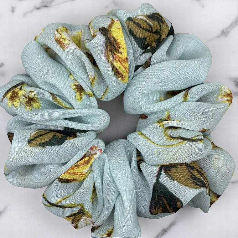 Tuhil Threads Large Sky Blue Artistic Floral Print Chiffon Scrunchie.Shop Tuhil Threads hair accessories.