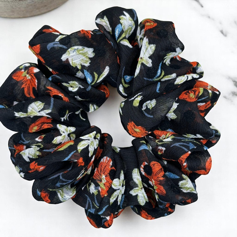 Tuhil Threads Large Black Floral Print Chiffon Scrunchie. Shop Tuhil Threads hair accessories.