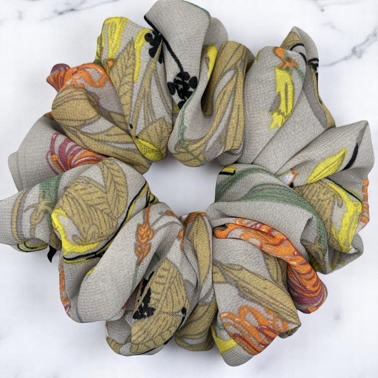 Tuhil Threads Large Greige Floral Print Chiffon Scrunchie. Shop Tuhil Threads hair accessories.