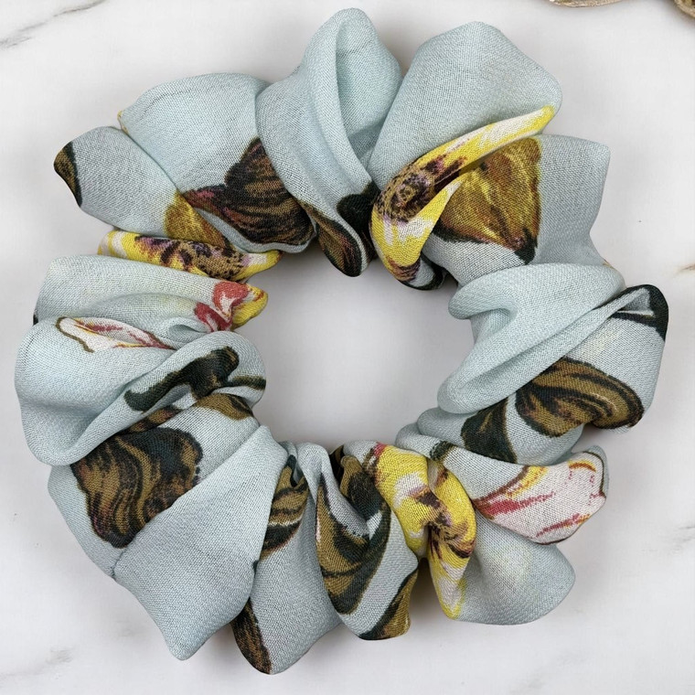 Tuhil Threads Medium Sky Blue Artistic Floral Print Chiffon Scrunchie. Shop Tuhil Threads hair accessories.
