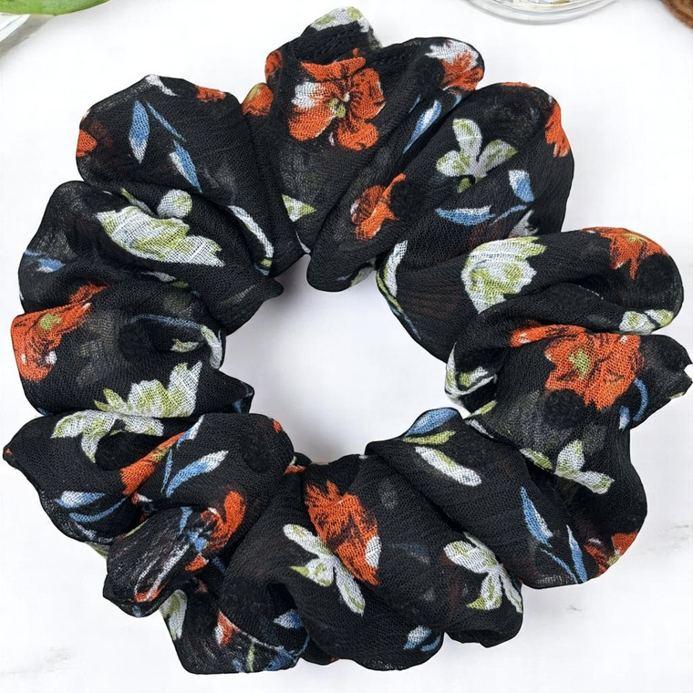 Tuhil Threads Medium Black Floral Print Chiffon Scrunchie. Shop Tuhil Threads hair accessories.