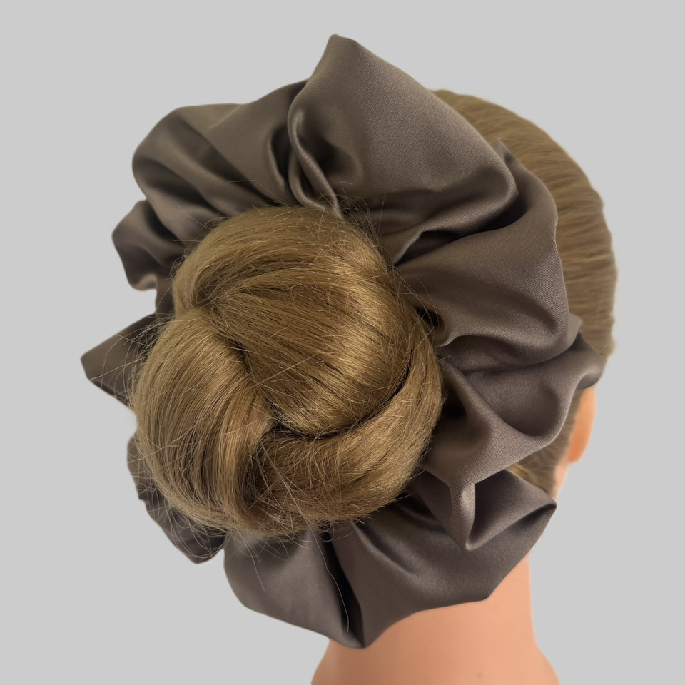 Extra Large Taupe Royal Micro Satin Scrunchie. Shop Tuhil Threads hair accessories.