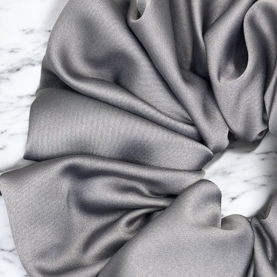 Extra Large Grey Royal Micro Satin Scrunchie. Shop Tuhil Threads hair accessories.