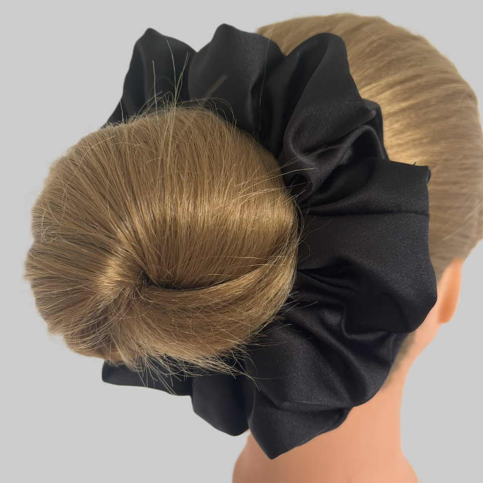 Extra Large Black Royal Micro Satin Scrunchie. Shop Tuhil Threads hair accessories.