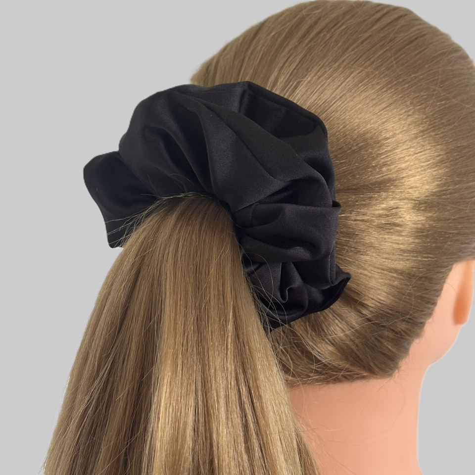 Large Black Royal Micro Satin Scrunchie. Shop Tuhil Threads hair accessories.
