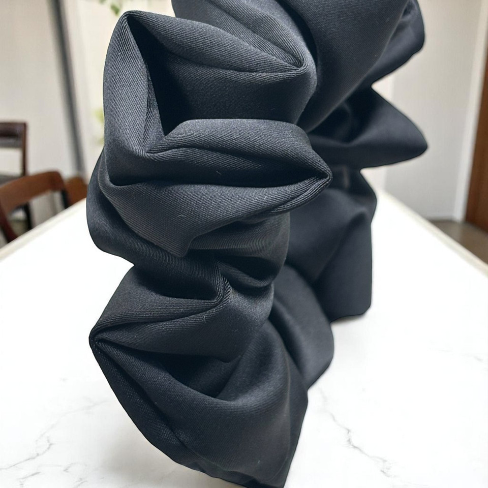 Large Black Royal Micro Satin Scrunchie. Shop Tuhil Threads hair accessories.