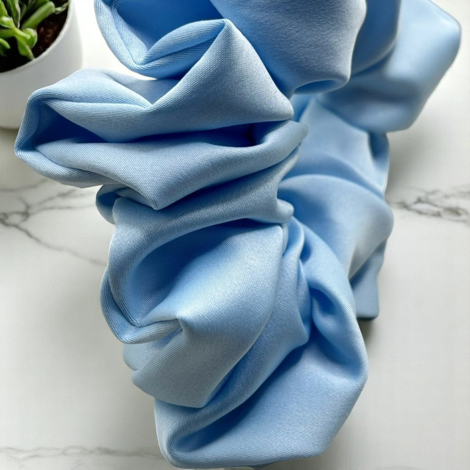 Large Sky Blue Royal Micro Satin Scrunchie. Shop Tuhil Threads hair accessories.