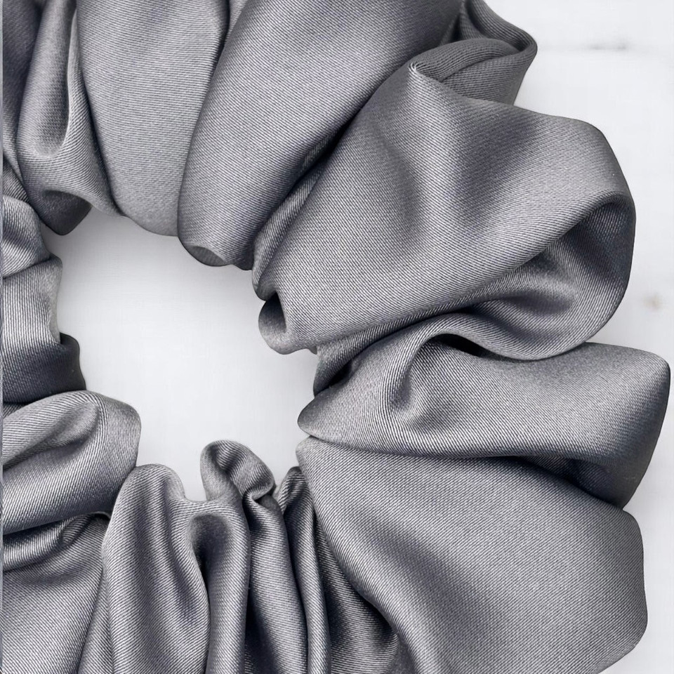 Tuhil Threads Large Grey Royal Micro Satin Scrunchie. Luxurious large satin hair tie for a gentle, stylish hold. Shop Tuhil Threads hair accessories.
