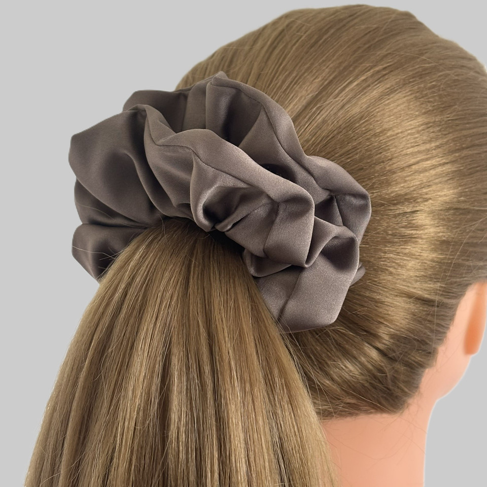 Tuhil Threads Large Taupe Royal Micro Satin Scrunchie. Luxurious large satin hair tie for a gentle, stylish hold. Shop Tuhil Threads hair accessories.