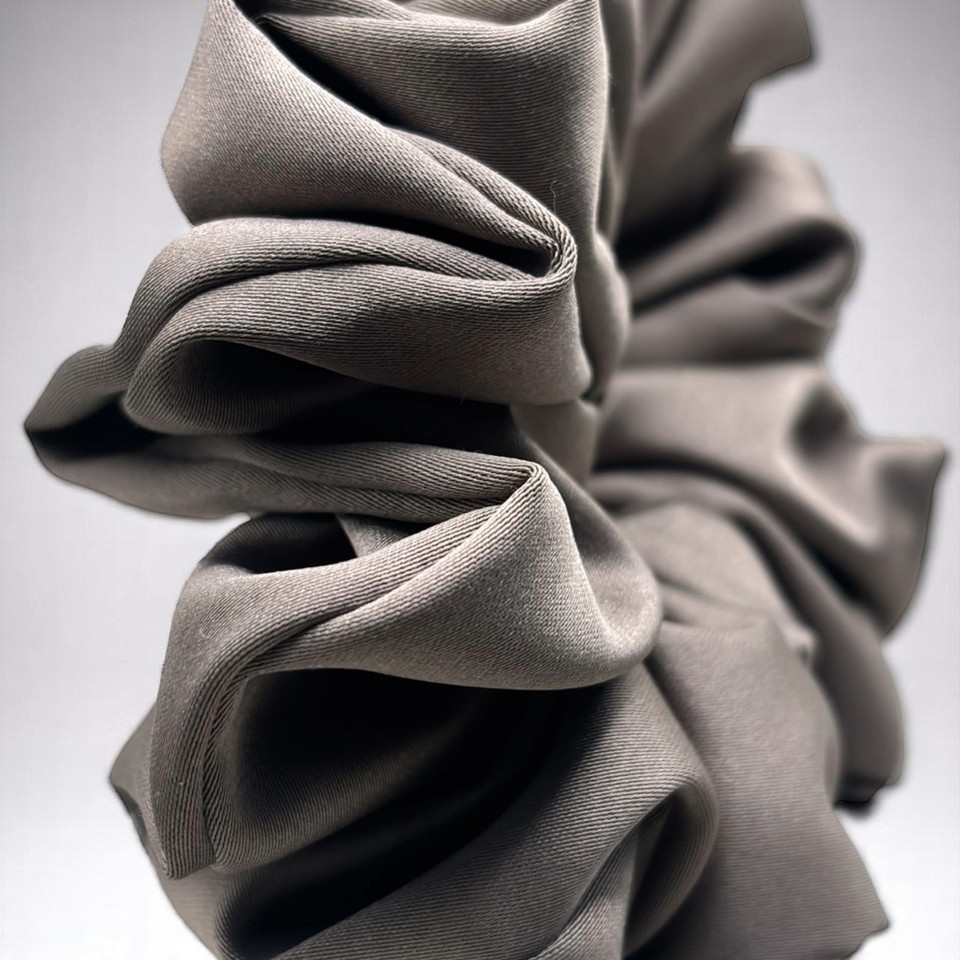 Tuhil Threads Large Taupe Royal Micro Satin Scrunchie. Luxurious large satin hair tie for a gentle, stylish hold. Shop Tuhil Threads hair accessories.