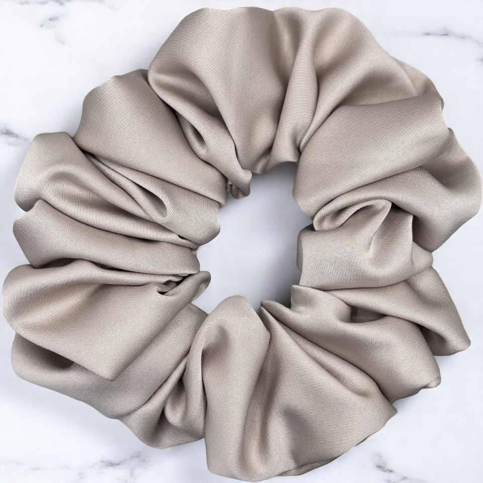 Tuhil Threads Large Mink Royal Micro Satin Scrunchie. Luxurious large satin hair tie for a gentle, stylish hold. Shop Tuhil Threads hair accessories.