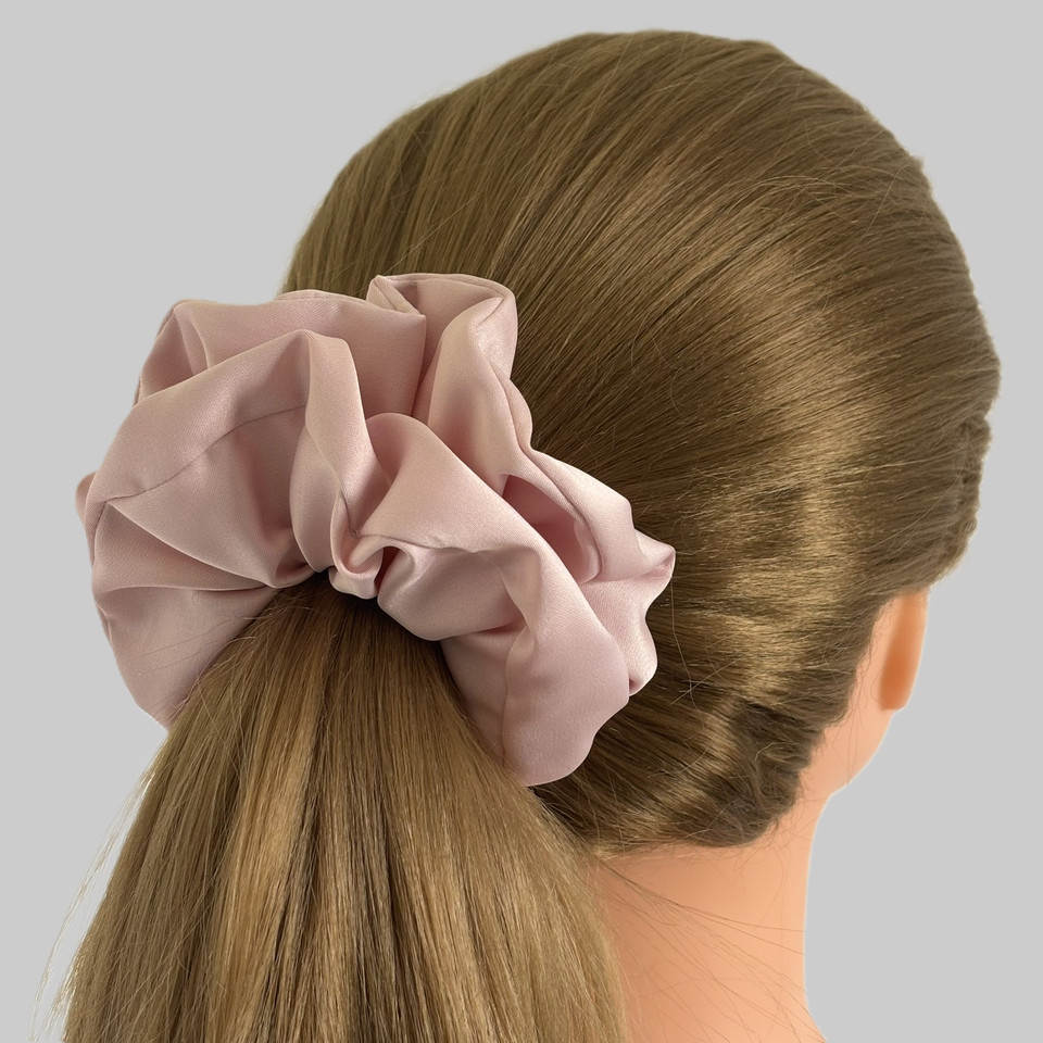 Tuhil Threads Large Soft Pink Royal Micro Satin Scrunchie. Luxurious large satin hair tie for a gentle, stylish hold. Shop Tuhil Threads hair accessories.
