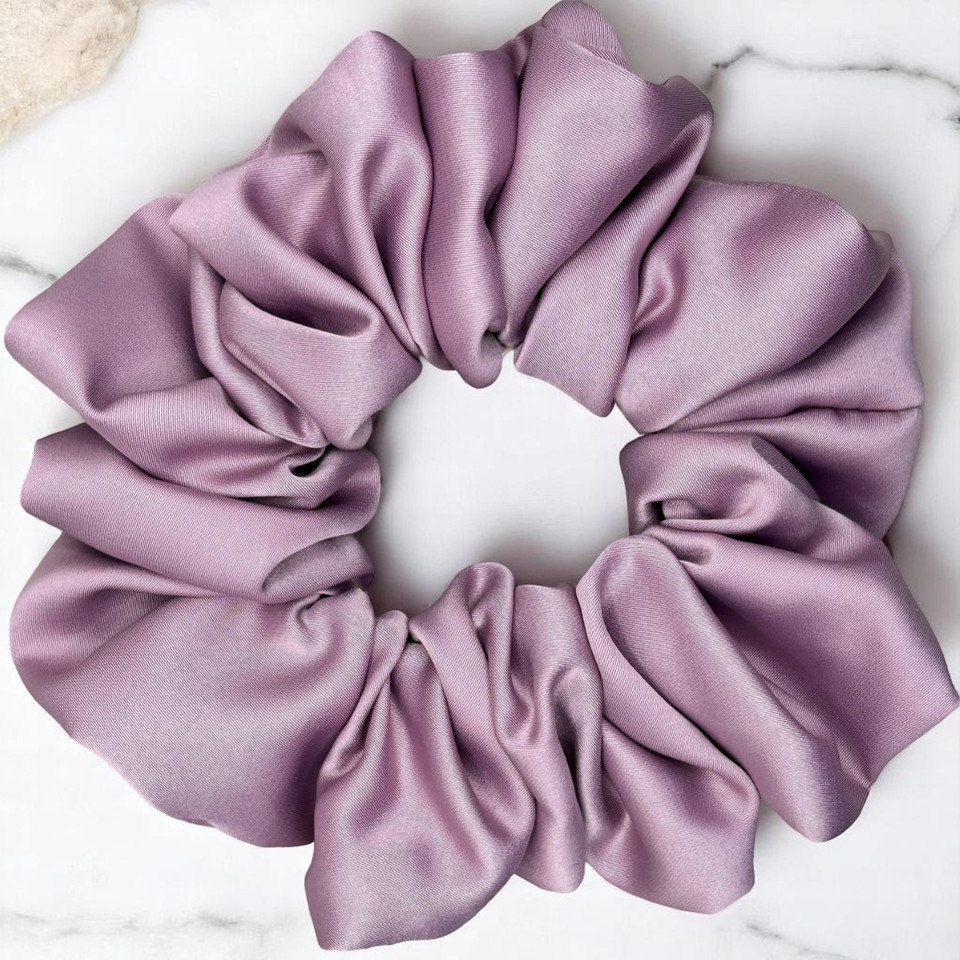 Tuhil Threads Large Lilac Royal Micro Satin Scrunchie. Luxurious large satin hair tie for a gentle, stylish hold. Shop Tuhil Threads hair accessories.