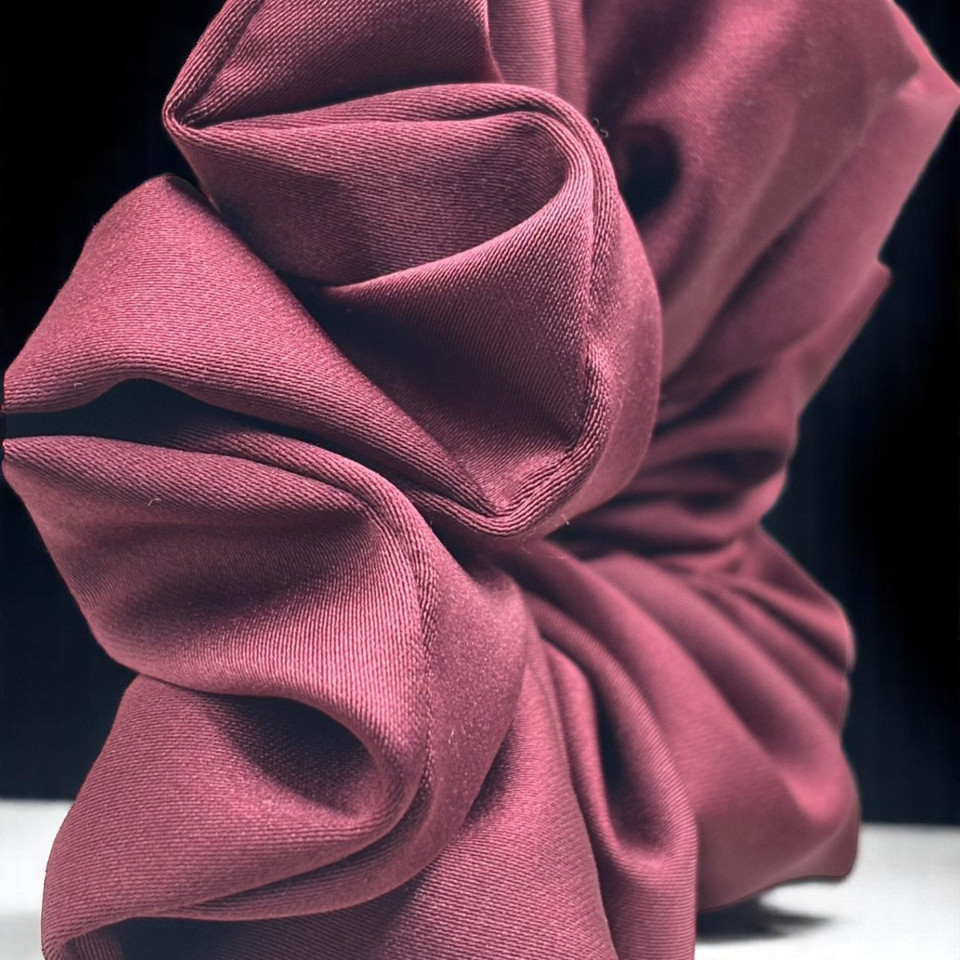 Tuhil Threads Large Burgundy Royal Micro Satin Scrunchie. Luxurious large satin hair tie for a gentle, stylish hold. Shop Tuhil Threads hair accessories.