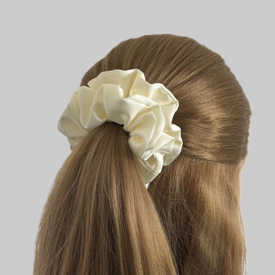 Tuhil Threads Medium Cream Royal Micro Satin Scrunchie. Luxurious medium satin hair tie for a gentle, stylish hold. Shop Tuhil Threads hair accessories.