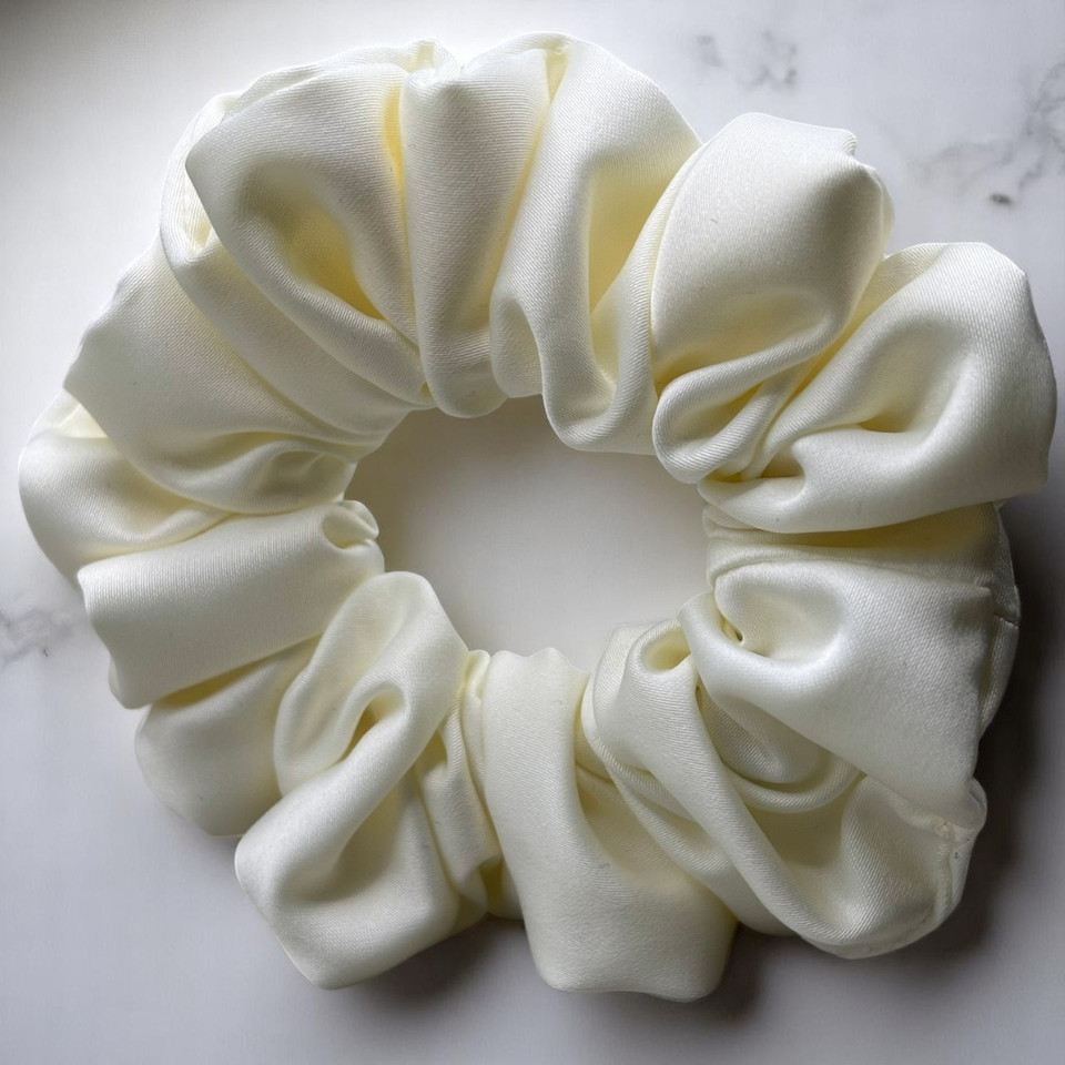Tuhil Threads Medium Cream Royal Micro Satin Scrunchie. Luxurious medium satin hair tie for a gentle, stylish hold. Shop Tuhil Threads hair accessories.