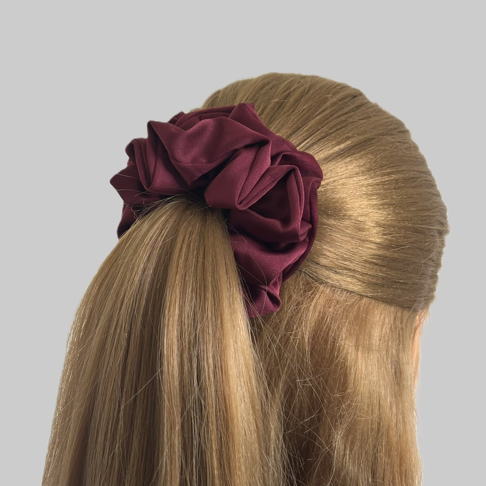 Burgundy Royal Satin Scrunchie. Shop at Tuhil Threads.