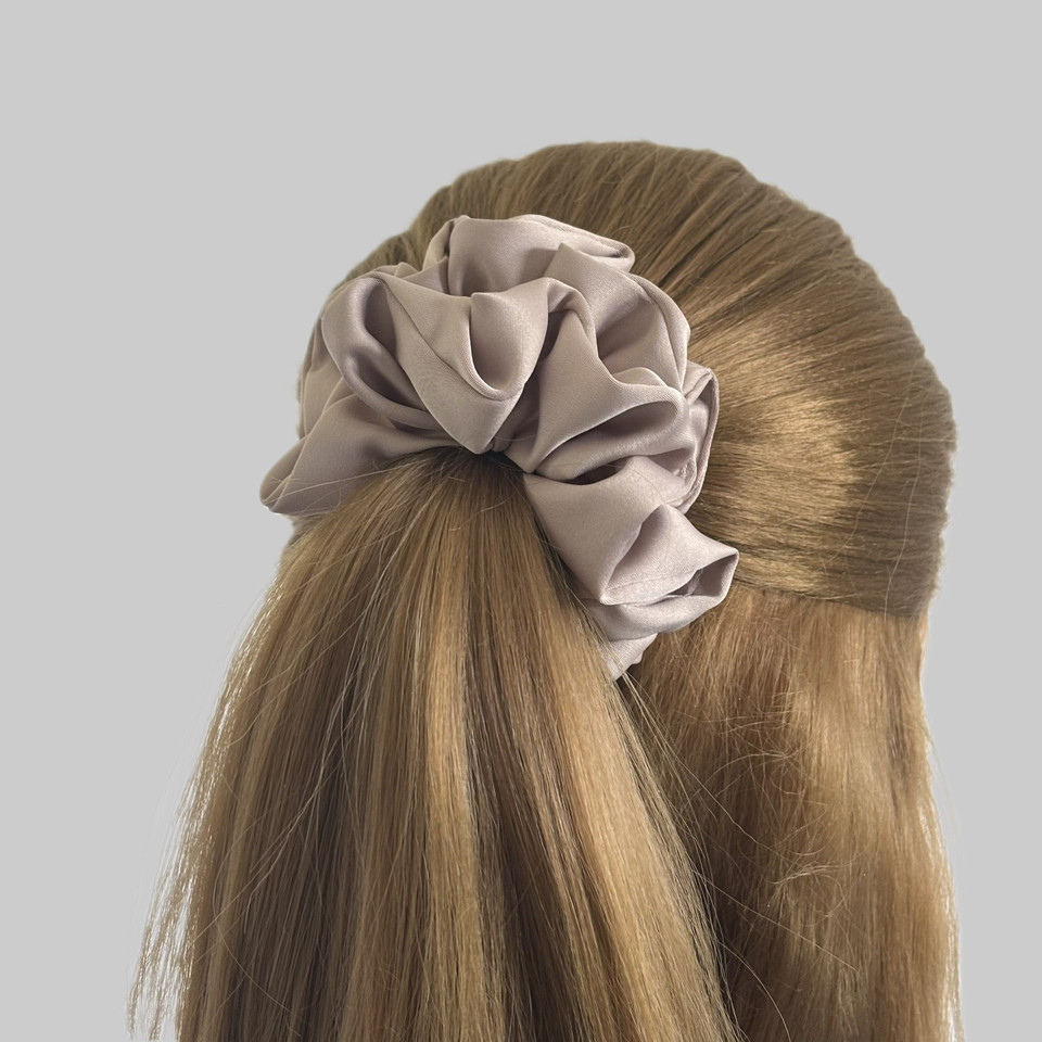 Tuhil Threads Medium Mink Royal Micro Satin Scrunchie. Luxurious medium satin hair tie for a gentle, stylish hold. Shop Tuhil Threads hair accessories.
