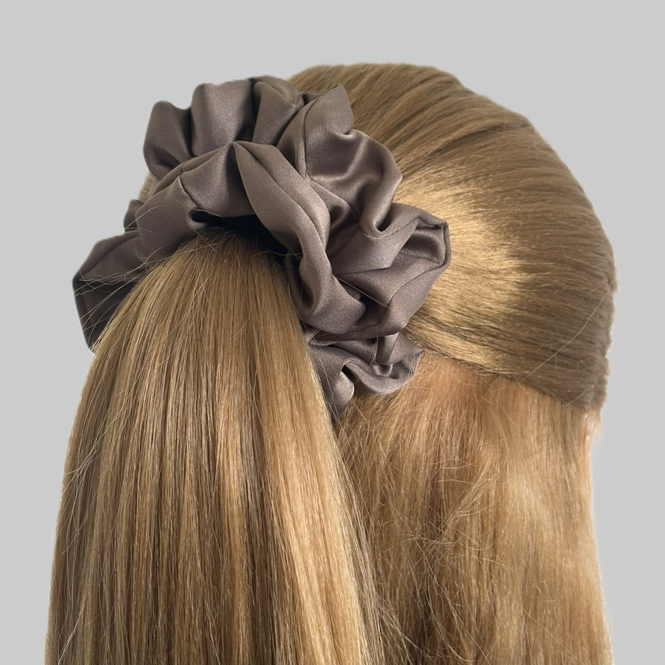 Tuhil Threads Medium Taupe Royal Micro Satin Scrunchie. Luxurious medium satin hair tie for a gentle, stylish hold. Shop Tuhil Threads hair accessories.