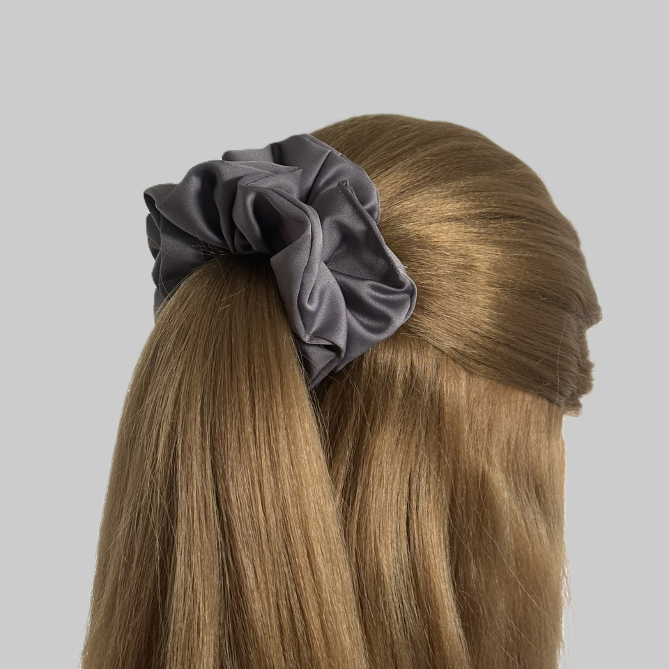 Tuhil Threads Medium Grey Royal Micro Satin Scrunchie. Luxurious medium satin hair tie for a gentle, stylish hold. Shop Tuhil Threads hair accessories.